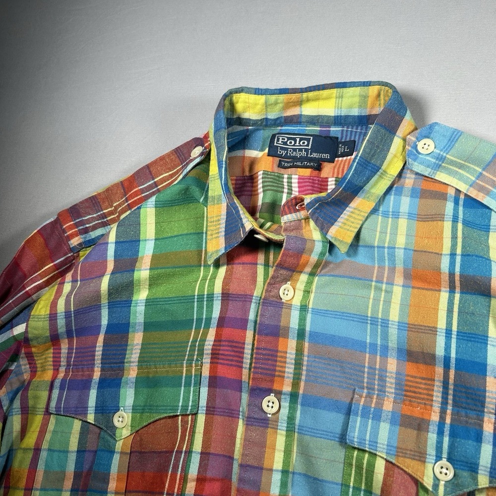 Polo Ralph Lauren Trim Military Shirt Mens Large Multicolor Madras Plaid Epaulet